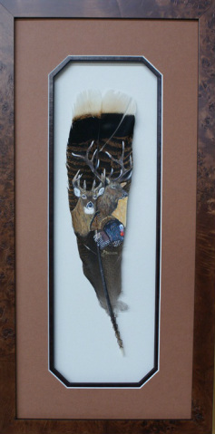 elk, whitetail & turkey painted on feather